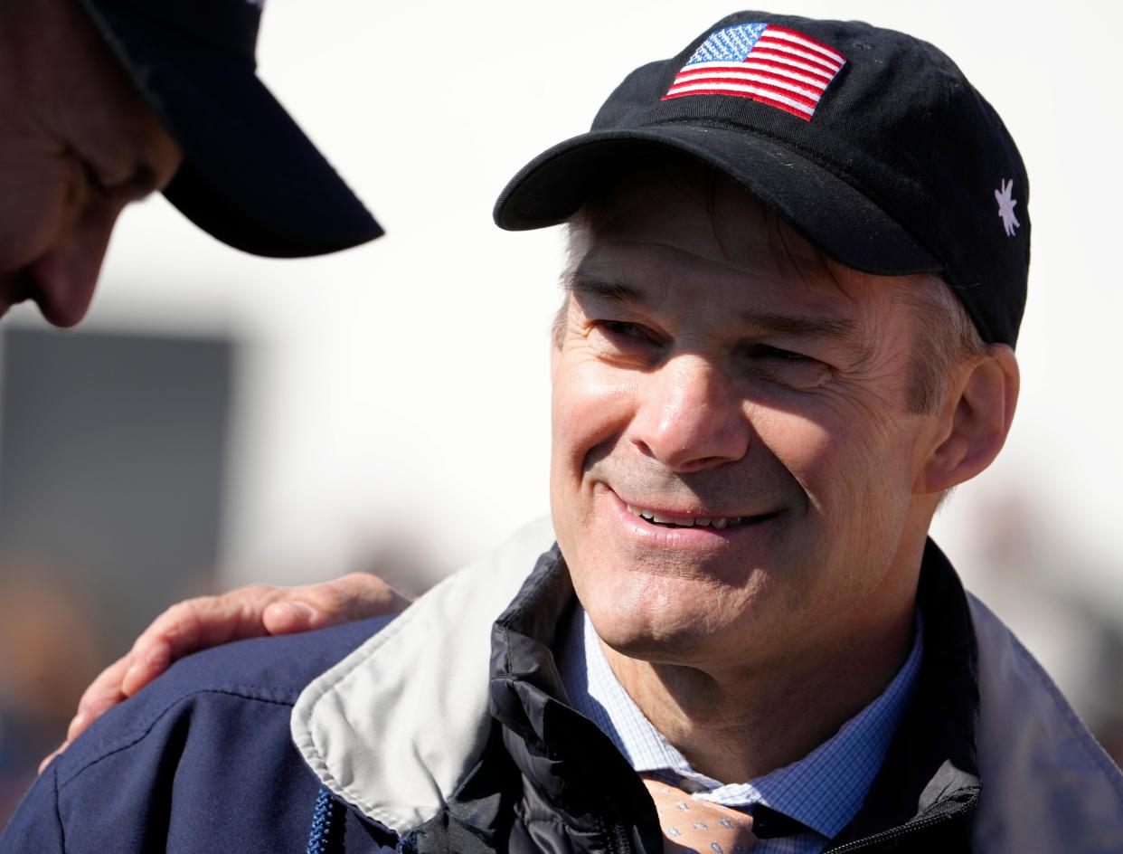 March 16, 2024; Dayton, Ohio, USA; 
U.S. Congressman Jim Jordan (R-OH) made an appearance ahead of former President Donald Trump to campaign outside Wright Bros. Aero Inc. at the Dayton International Airport for U.S. Senate candidate Bernie Moreno on Saturday.