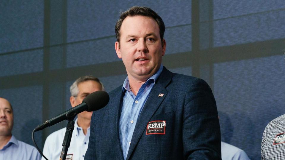 PHOTO: In this Nov. 7, 2022 file photo, Republican candidate for Lieutenant Governor Burt Jones, speaks as Republican Governor Brian Kemp listens at a press conference in Atlanta. (Elijah Nouvelage/Getty Images, FILE)