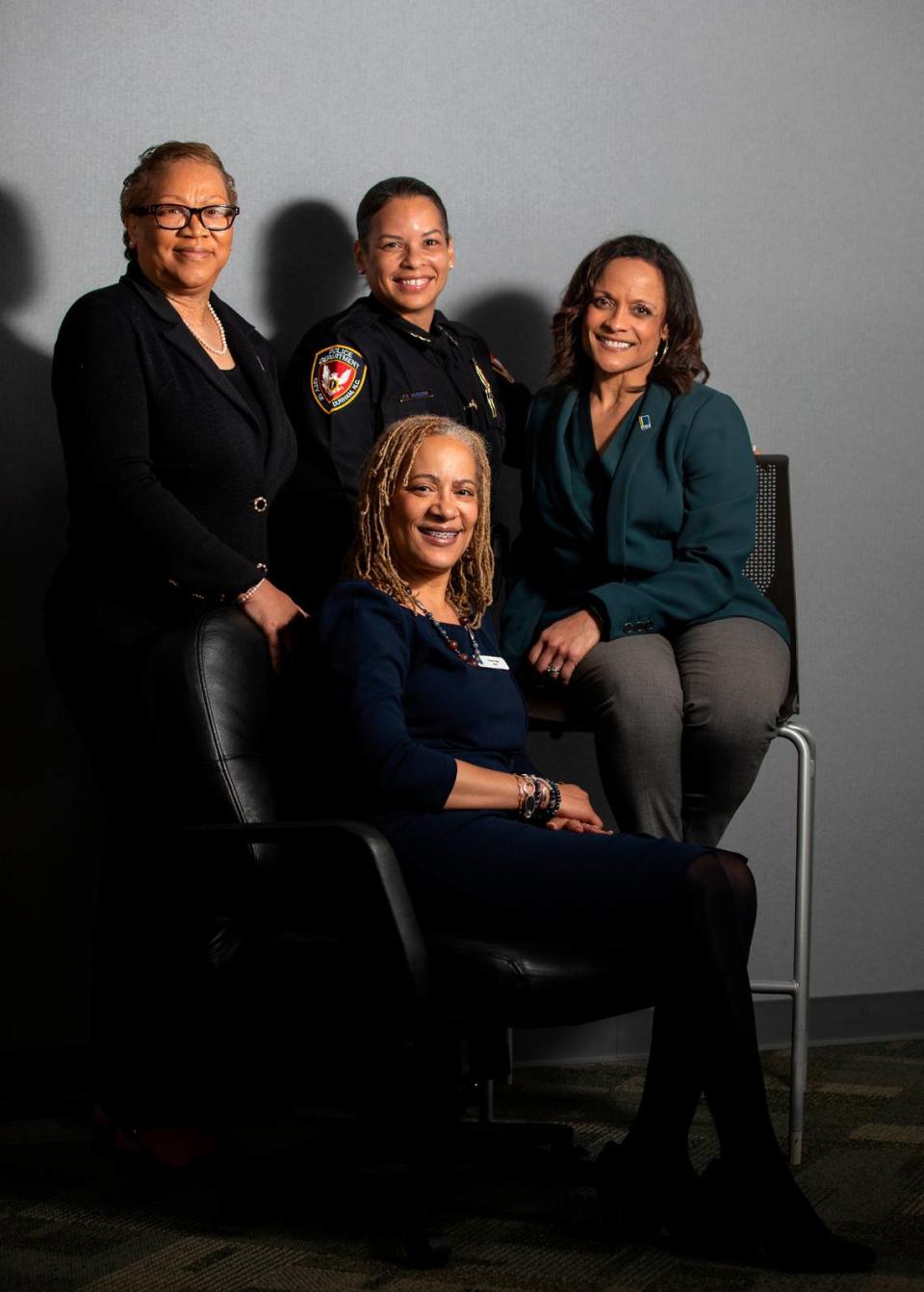 From left, Durham City Manager Wanda Page, Police Chief Patrice Andrews, City Attorney Kimberly Rehberg and Mayor Elaine O’Neal sit for a portrait at Durham City Hall on Wednesday, March 1, 2023, in Durham, N.C.