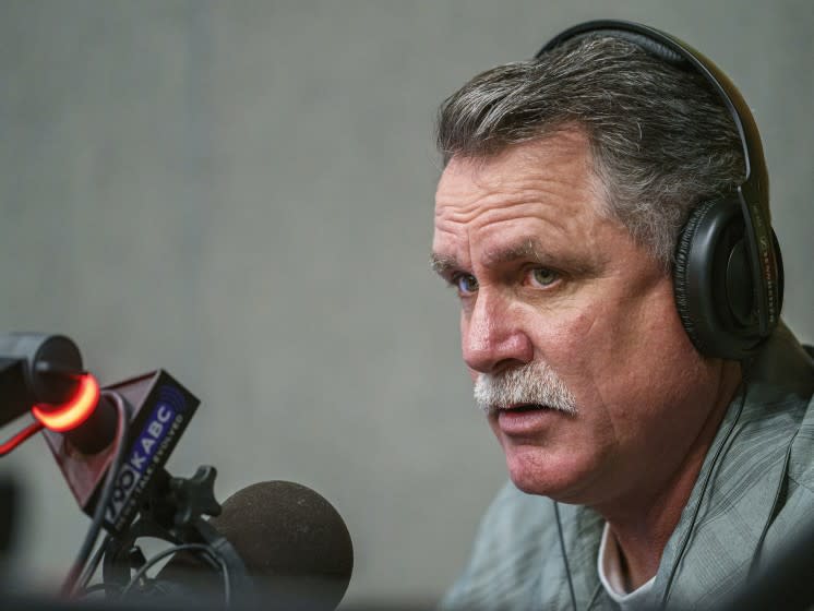 Orrin Heatlie, the main organizer for the Recall of California Gov. Newsom campaign, records a radio program at the KABC radio station studio in Culver City, Calif., Saturday, March 27, 2021. (AP Photo/Damian Dovarganes)