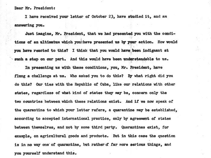 nikita khrushchev letter jfk cuban missile crisis