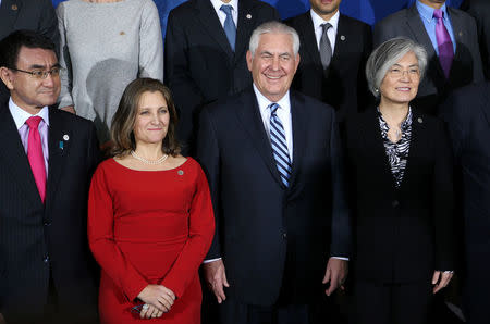Japan's Minister of Foreign Affairs Taro Kono, Canada’s Minister of Foreign Affairs Chrystia Freeland, U.S. Secretary of State Rex Tillerson and South Korean Minister of Foreign Affairs Kang Kyung-wha pose for a photo during the Foreign Ministers’ Meeting on Security and Stability on the Korean Peninsula in Vancouver, British Columbia, Canada, January 16, 2018. REUTERS/Ben Nelms