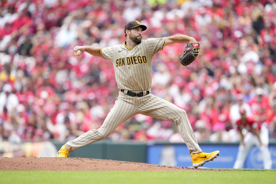 San Diego Padres starting pitcher Michael Wacha throws against the Cincinnati Reds during the third inning of a baseball game Saturday, July 1, 2023, in Cincinnati. (AP Photo/Jeff Dean)