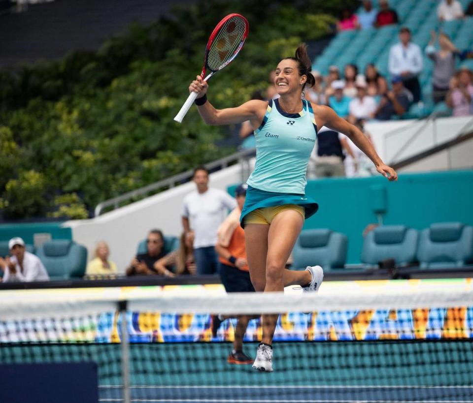 Caroline Garcia FRA reacts to beating Coco Gauff USA during the fourth round of the women’s singles match at the Miami Open tennis tournament on Monday, March 25, 2024, at the Hard Rock Stadium in Miami Gardens.