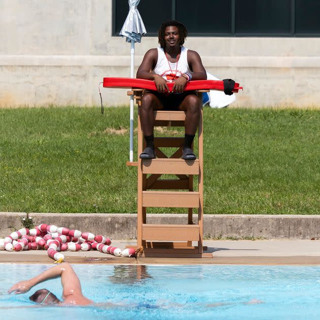 Kristopher Jenerette, 18, works at Kelly Pool in Philadelphia. He has been a lifeguard for three summers.