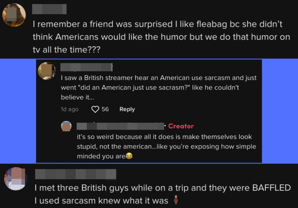 comments from Americans that British people were surprised they understood sarcasm