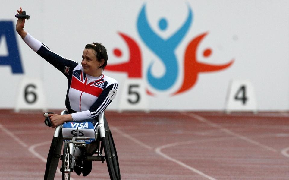 Great Britain's Tanni Grey-Thompson acknowledges the crowd after finishing second in the 200metres T53 event during the Visa Paralympic World Cup at the Manchester Regional Arena, Manchester - PA