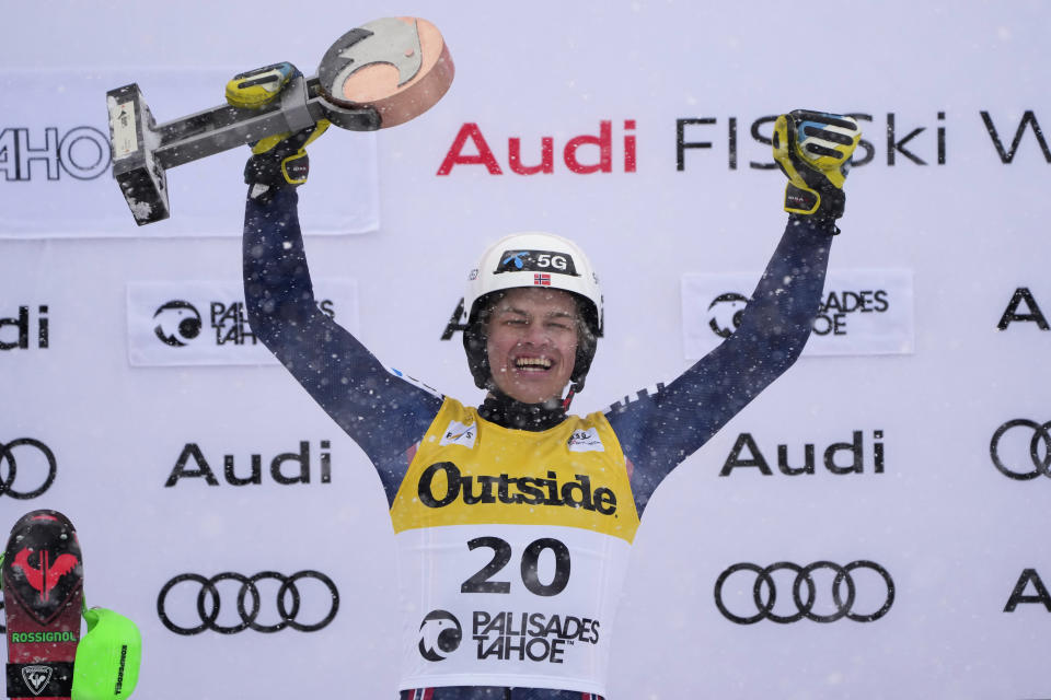 Norway's Alexander Steen Olsen reacts after a men's World Cup slalom skiing race, Sunday, Feb. 26, 2023, in Olympic Valley, Calif. (AP Photo/John Locher)