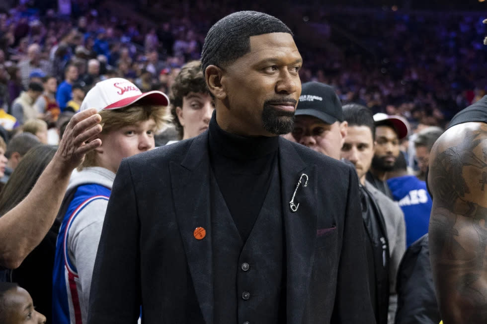 ESPN analyst Jalen Rose looks on prior to the first half of an NBA basketball game between the Los Angeles Lakers vs the Philadelphia 76ers, Saturday, Jan. 25, 2020, in Philadelphia. (AP Photo/Chris Szagola, File)