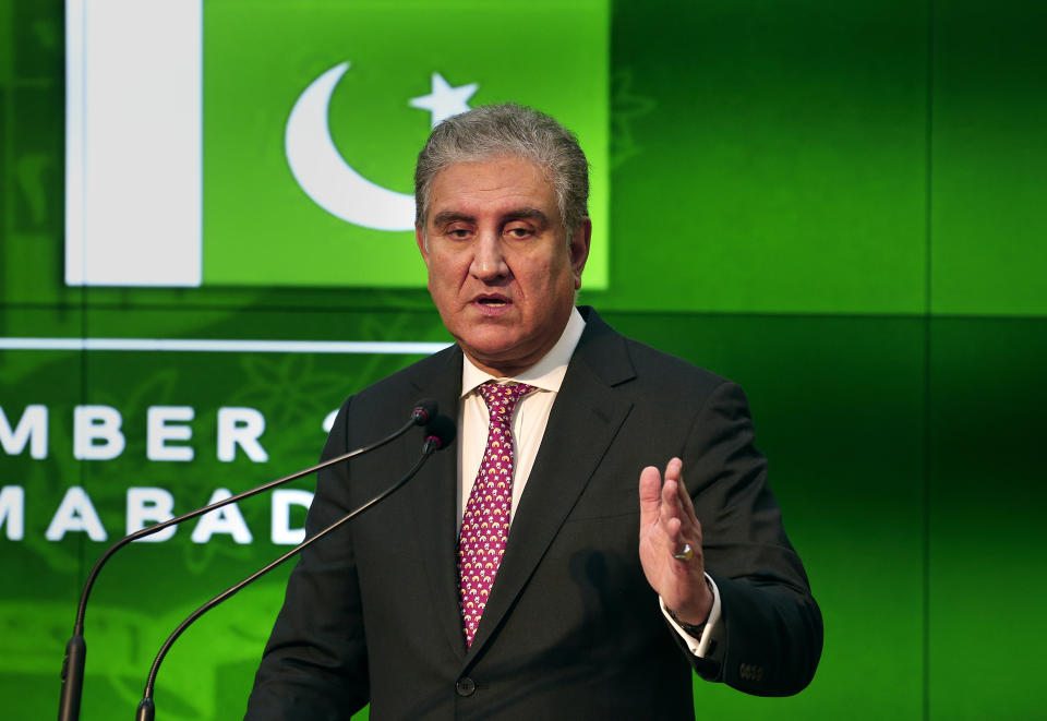 FILE - Pakistan's Foreign Minister Shah Mahmood Qureshi speaks during a joint press conference, in Islamabad, Pakistan, Friday, Sept. 10, 2021. Pakistan is rallying Muslim countries to help Afghanistan stave off an economic and humanitarian disaster while also cajoling the neighboring country's new Taliban rulers into concessions to soften their image abroad. Qureshi said the meeting was called by Pakistan to find ways to help Afghanistan (AP Photo/Anjum Naveed, File)