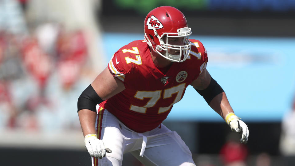 Kansas City Chiefs offensive guard Andrew Wylie (77) makes a move to block on the line of scrimmage during an NFL game against the Jacksonville Jaguars in 2019.