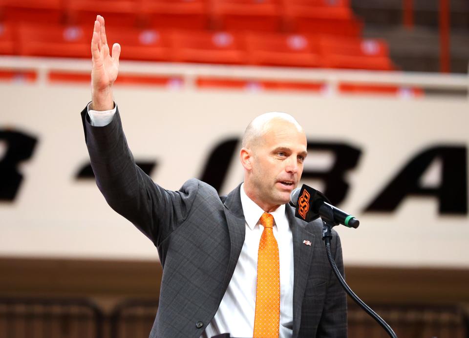 New OSU men's basketball coach Steve Lutz speaks during an introduction ceremony Thursday at Gallagher-Iba Arena in Stillwater.