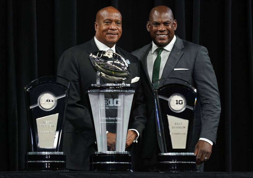 Big Ten commissioner Kevin Warren, left, stands with Michigan State coach Mel Tucker during Big Ten football media days. ROBERT GODDIN/USA TODAY Sports