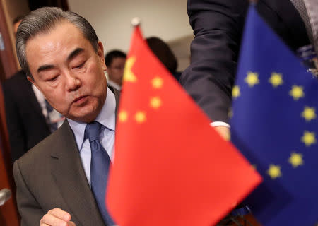 Chinese Foreign Minister Wang Yi attends a meeting with EU High Representative for Foreign Affairs and Security Policy Federica Mogherini (not pictured) in Brussels, Belgium March 18, 2019. REUTERS/Yves Herman