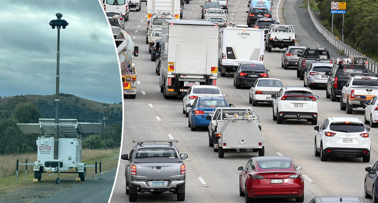 Camera on the side of the road (left) heavy traffic (right).