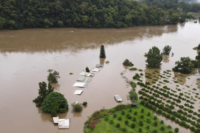 Drone picture of orange orchards and houses that are submerged near Hawkesbury River in northwestern Sydney
