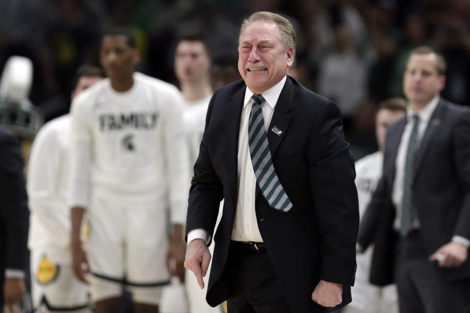 Michigan State head coach Tom Izzo reacts during the second half of an NCAA college basketball championship game against Michigan in the Big Ten Conference tournament, Sunday, March 17, 2019, in Chicago. (AP Photo/Kiichiro Sato)