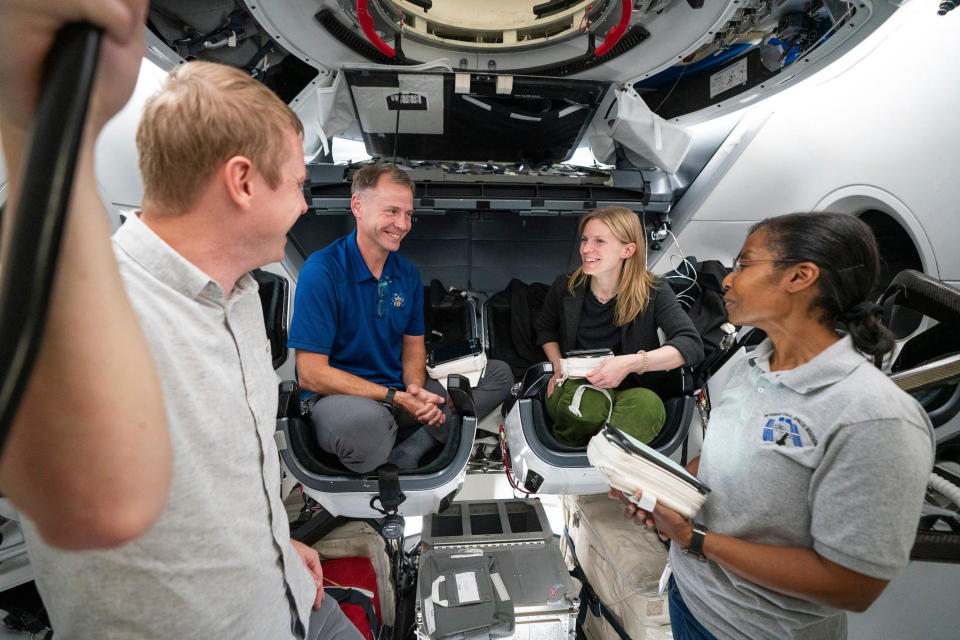 The four original Crew 9 flyers take a break during earlier training at SpaceX headquarters in Hawthorne, California From left to right: Alexander Gorbunov, pilot Nick Hague, commander Zena Cardman and Stephanie Wilson. / Credit: SpaceX