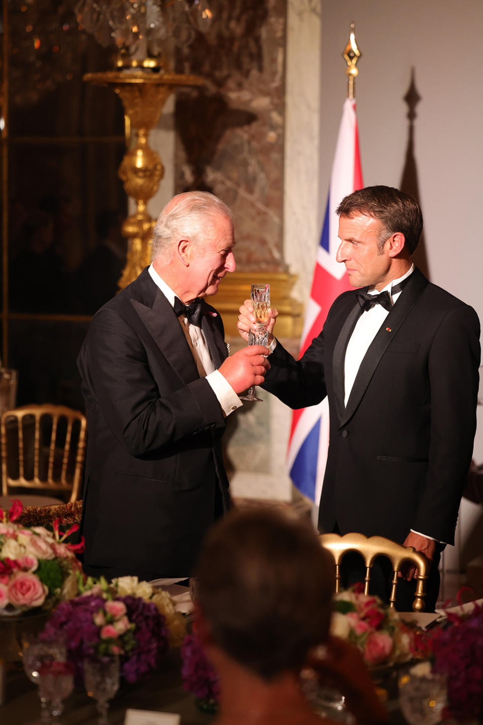 King Charles III and President of France, Emmanuel Macron toast during the state banquet on September 20