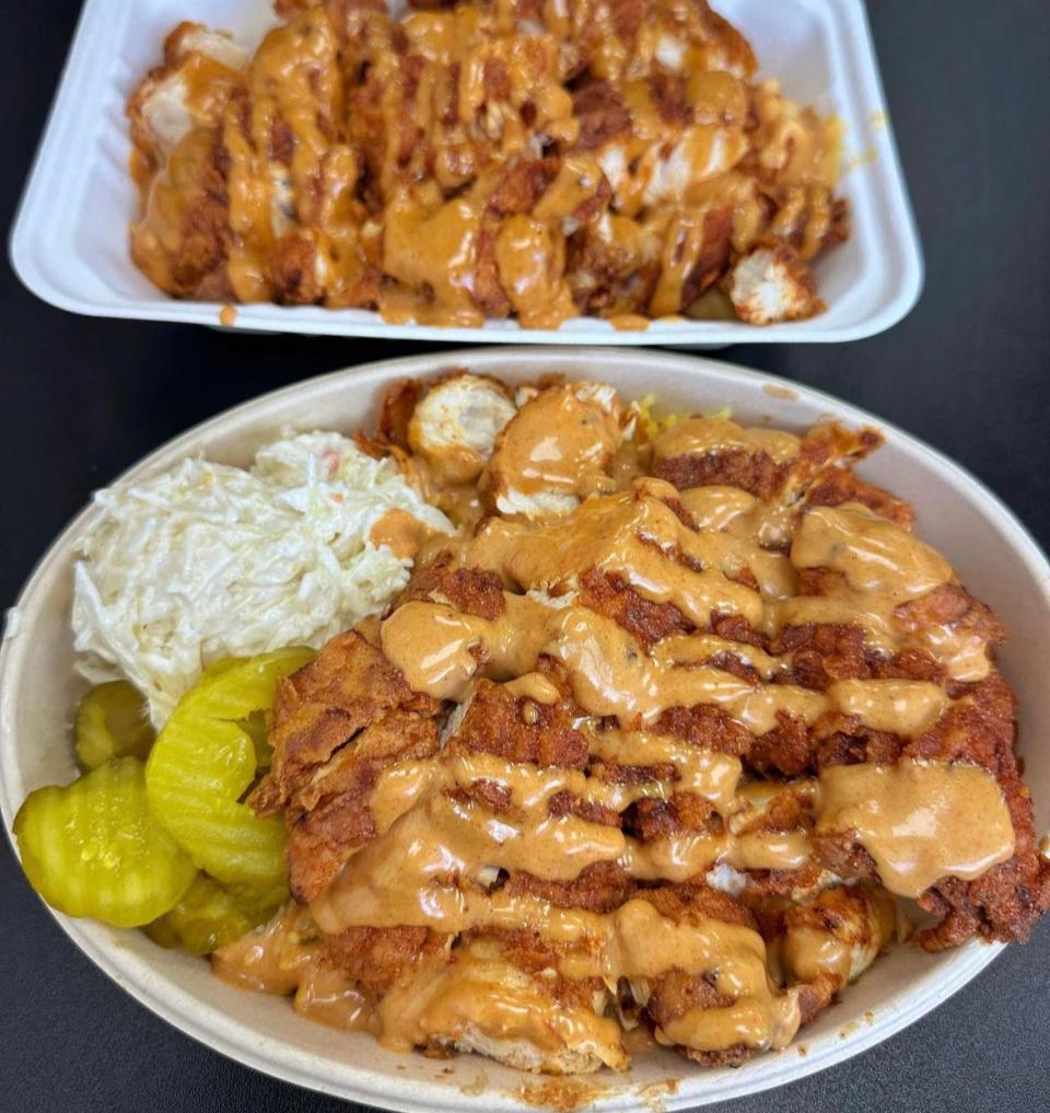 Fried chicken can be served in basmati rice bowls at Fluffies Hot Chicken.