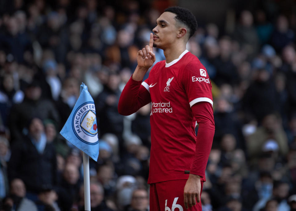 Liverpool's Trent Alexander-Arnold celebrates scoring the equaliser during their Premier League match against Manchester City.