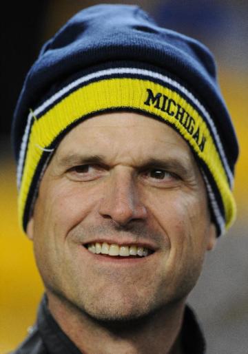FILE- In this file photo from Jan. 3, 2015, The new Michigan football coach, Jim Harbaugh, is on the sideline before an NFL wildcard playoff football game in Pittsburgh. The pundits are talking up the Big Ten league this spring, largely because of the achievements and trend lines in the East Division. There was Ohio State&#39;s national championship under Urban Meyer, Michigan State&#39;s bowl win over a Baylor team that narrowly missed the College Football Playoff, Jim Harbaugh&#39;s hiring at Michigan and Penn State&#39;s rebuilding job under James Franklin. (AP Photo/Don Wright, file)