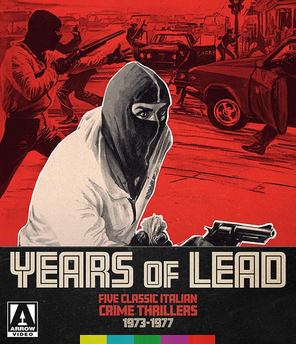 A stylized illustration of a masked gunman from the poster of the movie Like Rabid Dogs, in Arrow video's new Years of Lead boxset.