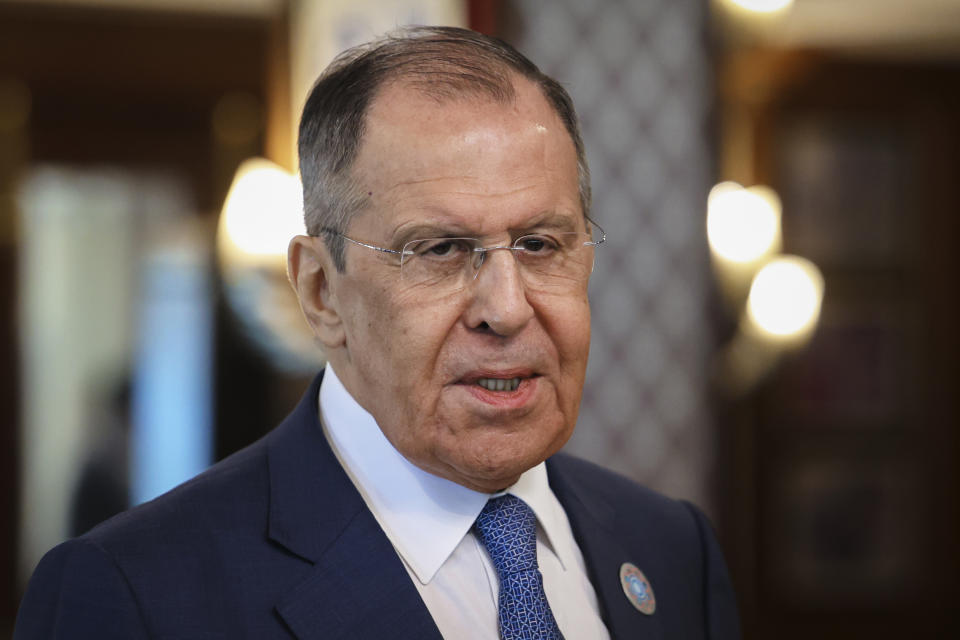 In this handout photo released by Russian Foreign Ministry Press Service, Russian Foreign Minister Sergey Lavrov speaks to the media on the sideline of Foreign ministers of the Shanghai Cooperation Organization meeting in India's tourist hotspot Goa, Friday, May 5, 2023. (Russian Foreign Ministry Press Service via AP)