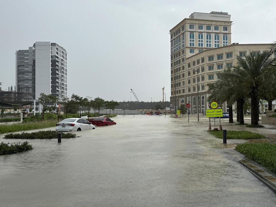 PHOTO: Cars are parked at a flooded street during a rain storm in Dubai, United Arab Emirates, April 16, 2024.  (Abdel Hadi Ramahi/Reuters)