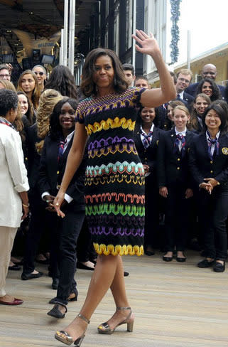 First Lady Michelle Obama arrives at the United States Pavilion at the Milan Expo to talk about her efforts to promote healthier lifestyles for kids.