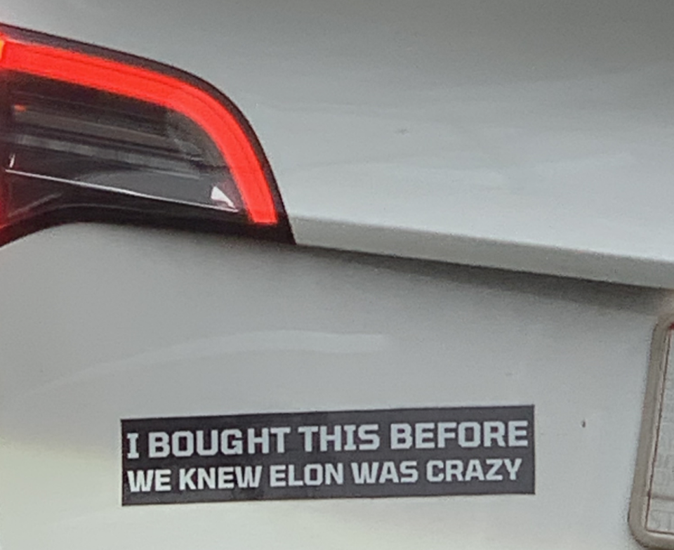 A bumpers sticker seen on a Tesla in Westchester County, New York. Photo credit: Henry Gilman