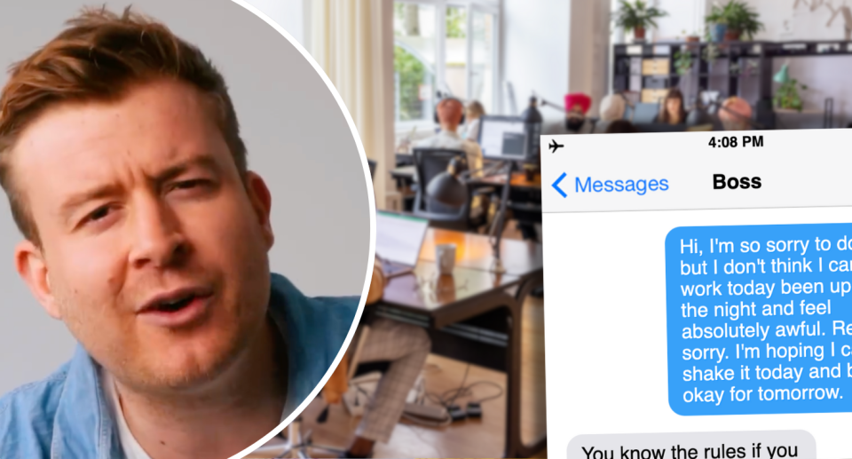 Entrepreneur Ben Askins with a workplace in the background and text messages between boss and employee