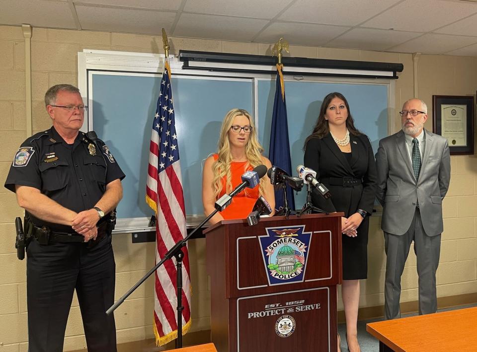 Somerset County Acting District Attorney Molly Metzgar, center, announces the criminal charges filed against Bradley K. Lavan on Friday at the Somerset Borough Police Department. Standing with her are Somerset Borough Police Chief Randolph Cox, at left; Somerset County Trial Deputy Assistant District Attorney Christina DeMarco-Breeden, near right and Assistant District Attorney Thomas Leiden, far right.