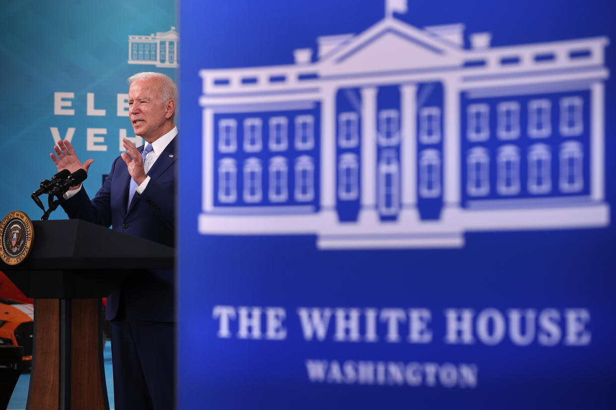 U.S. President Joe Biden delivers remarks on the September jobs numbers in the South Court Auditorium in the Eisenhower Executive Office Building on October 08, 2021 in Washington, DC. (Chip Somodevilla/Getty Images)