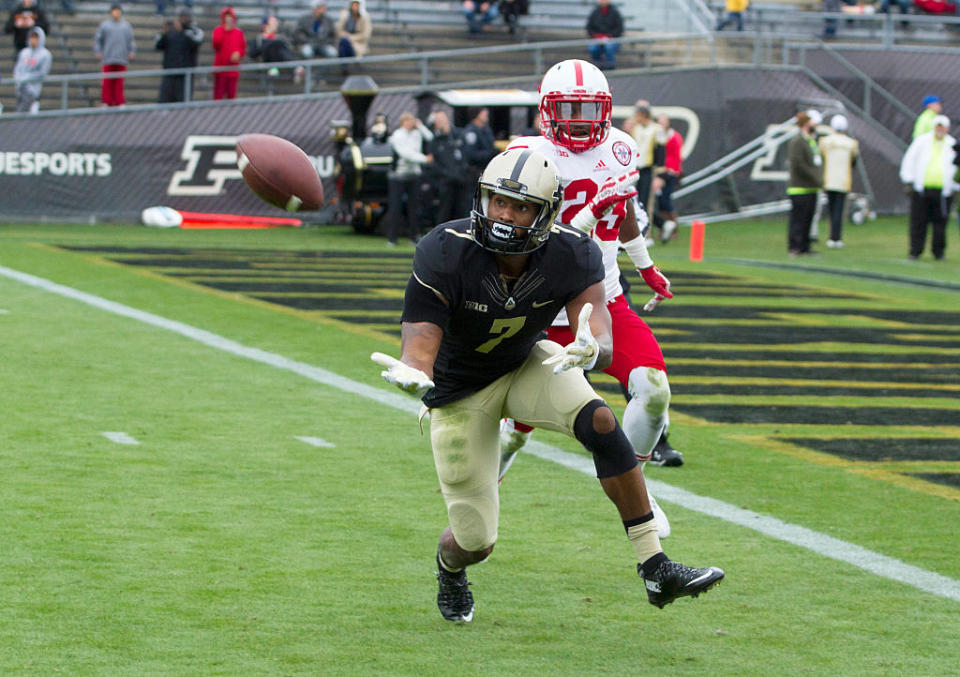 WEST LAFAYETTE, IN - OCTOBER 31: DeAngelo Yancey #7 of the Purdue Boilermakers reaches out for a pass against the Nebraska Cornhuskers in the third quarter at Ross-Ade Stadium on October 31, 2015 in West Lafayette, Indiana. (Photo by Cory Seward/Getty Images)