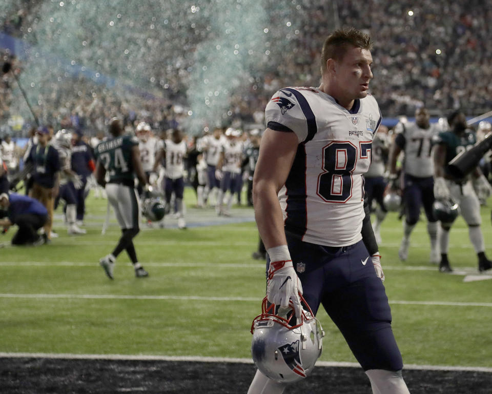 <p>New England Patriots’ Rob Gronkowski walks off the field after the NFL Super Bowl 52 football game against the Philadelphia Eagles Sunday, Feb. 4, 2018, in Minneapolis. The Eagles won 41-33. (AP Photo/Chris O’Meara) </p>