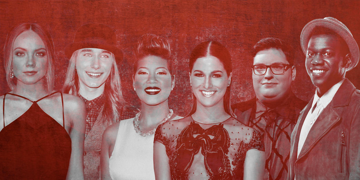 "Voice"&nbsp;winners Danielle Bradbery (season four), left, Sawyer Fredericks (season eight), Tessanne Chin (season five), Cassadee Pope (season three), Jordan Smith (season nine) and Chris Blue (season 12). (Photo: GABRIELA LANDAZURI SALTOS/HUFFPOST; GETTY IMAGES)