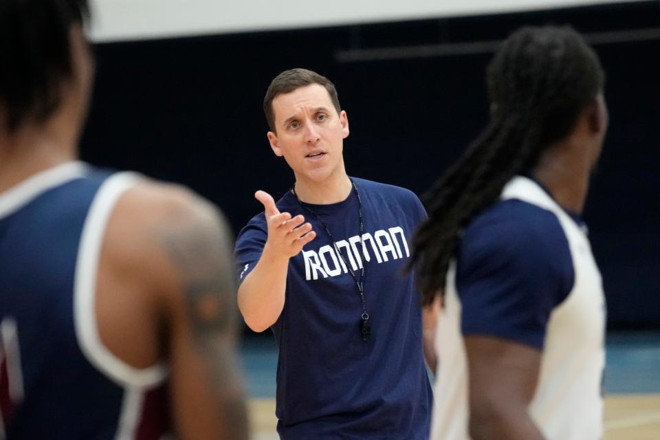 Head coach Jack Castleberry is shown during Fairleigh Dickinson University basketball practice, in Teaneck, Thursday, October 19, 2023