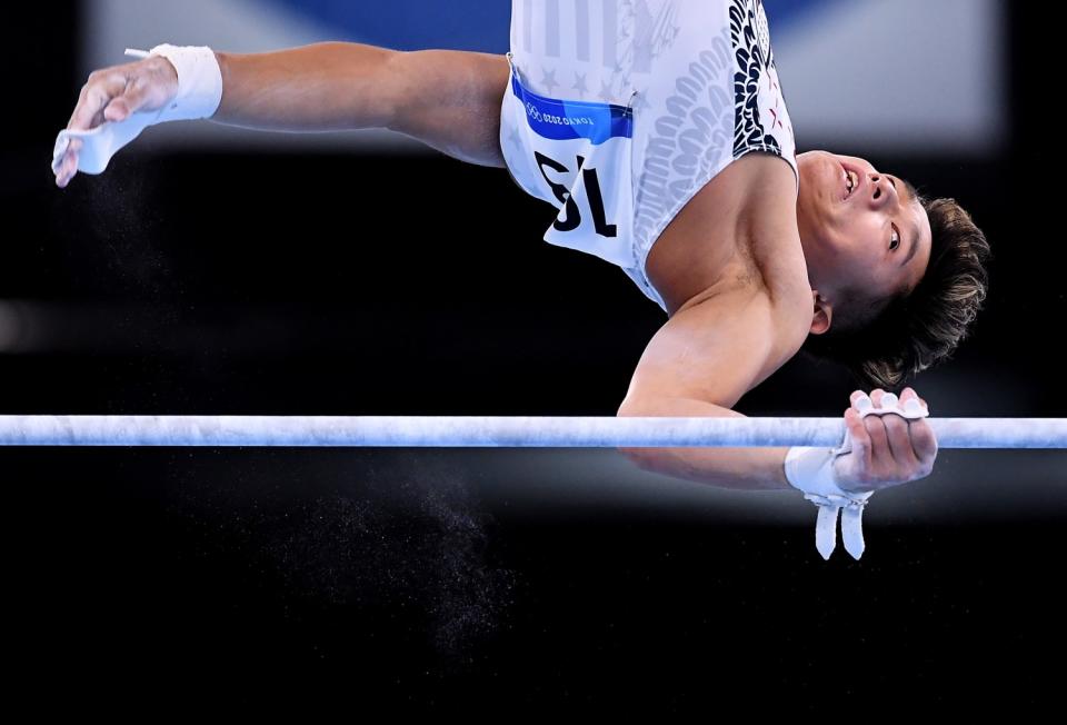 USA's Yul Moldauer competes on the high bar.