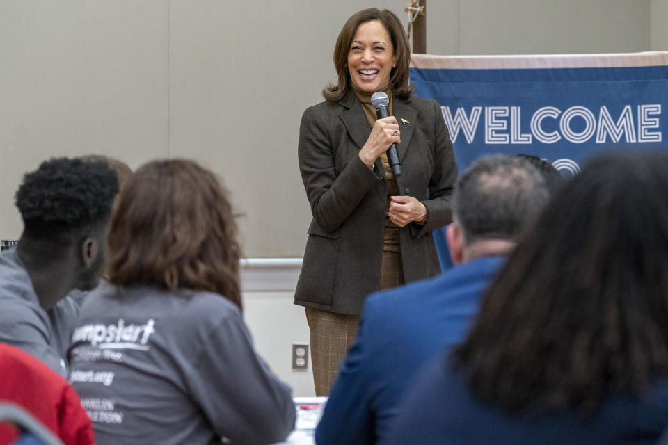 Vice President Kamala Harris speaks to students after joining them for a Martin Luther King, Jr., day of service project at the George Washington University, Monday, Jan. 16, 2023, in Washington. (AP Photo/Jacquelyn Martin)