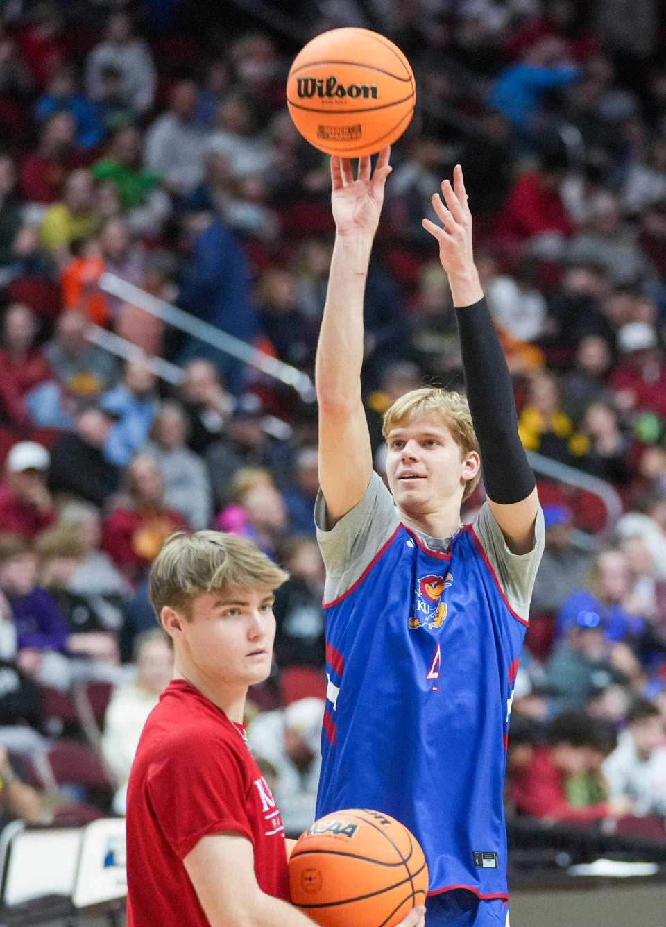 Kansas basketball star Gradey Dick takes a shot during Wednesday's NCAA Tournament practice at Wells Fargo Arena in Des Moines. His mother, Carmen (Jaspers) Dick, was a 6-on-6 star at Ackley-Geneva and later played at Iowa State.