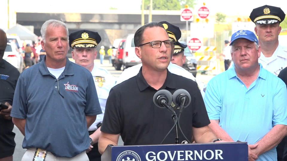 Pennsylvania Governor Josh Shapiro briefs the media after an elevated portion of the heavily traveled I-95 collapsed in Philadelphia on Sunday morning due to a vehicle fire on June 11, 2023.