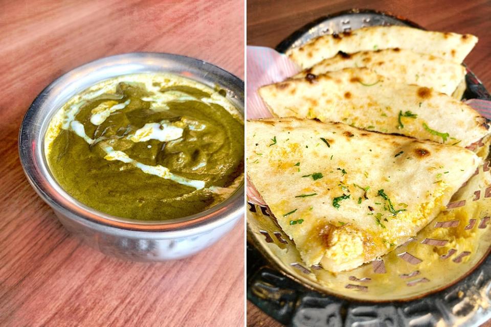 Irresistible 'palak paneer' (left) and rich, buttery naan (right).