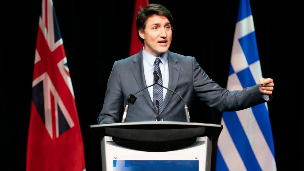 Canadian Prime Minister Justin Trudeau speaks at an event hosted by the Hellenic community in Toronto, Canada, on March 25, 2024, during a visit of the Greek prime minister. (Photo by Arlyn McAdorey / POOL / AFP) (Photo by ARLYN MCADOREY/POOL/AFP via Getty Images)