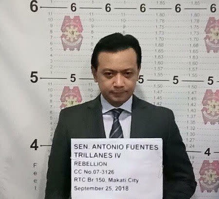 A handout photo from Philippine National Police showing a mugshot of Senator Antonio Trillanes being taken at Makati police headquarters in Makati City, Metro Manila in Philippines September 25, 2018. Philippine National Police/Handout via REUTERS