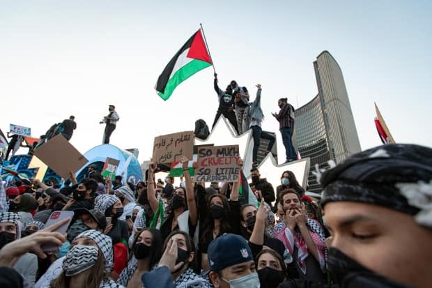 A close-up of the rally at Nathan Phillips Square in Toronto on Saturday.