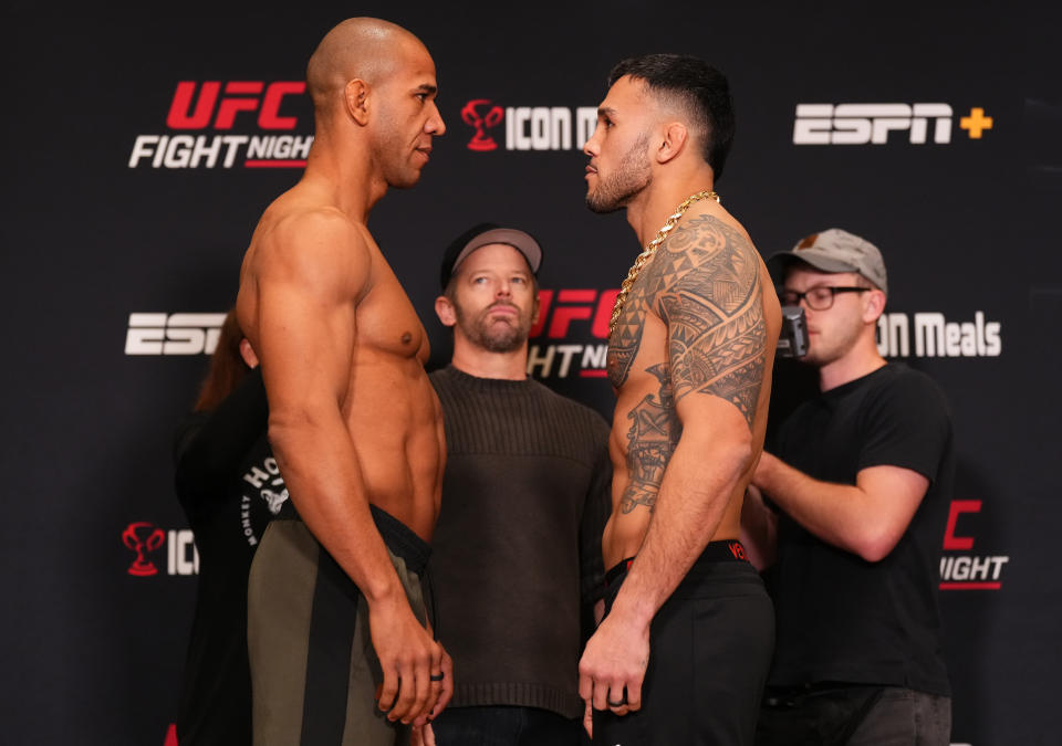 LAS VEGAS, NEVADA – FEBRUARY 09: (L-R) Opponents Gregory Rodrigues of Brazil and Brad Tavares face off during the UFC Fight Night weigh-in at the JW Marriott on February 09, 2024 in Las Vegas, Nevada. (Photo by Jeff Bottari/Zuffa LLC via Getty Images)