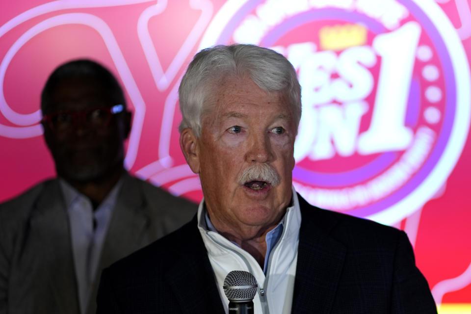 Kansas City Royals owner John Sherman address the crowd during an election watch party after voters rejected the extension of a sales tax to provide funding for a new baseball stadium for the Royals and renovations for the Kansas City Chiefs' football stadium Tuesday, April 2, 2024, in Kansas City, Mo. (AP Photo/Charlie Riedel)