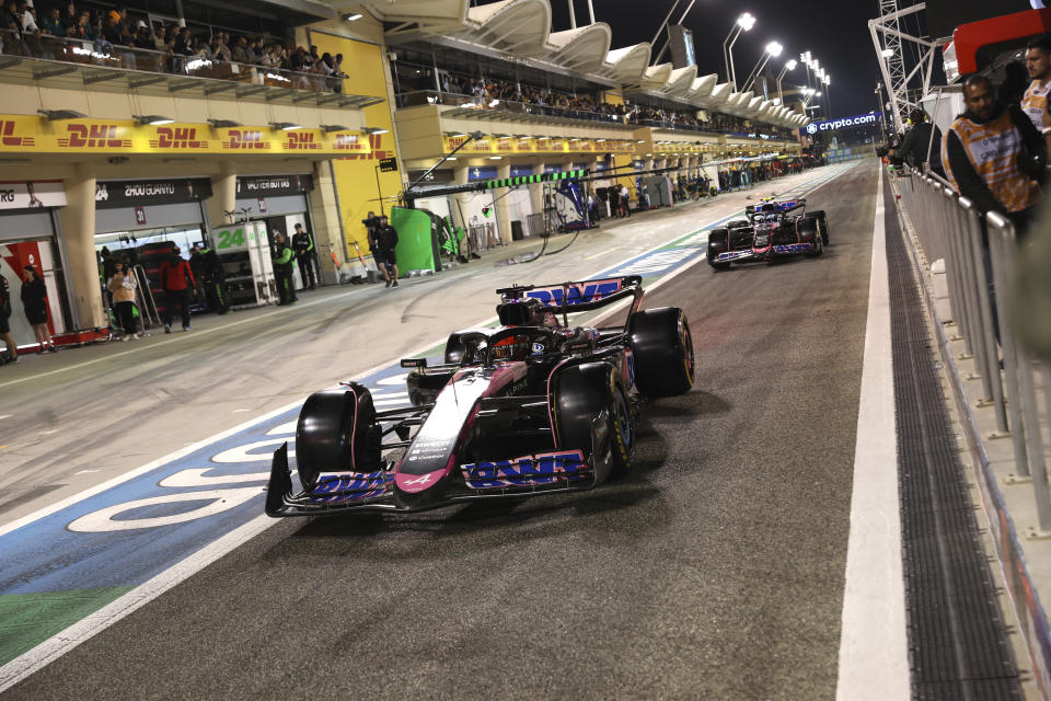 Alpine driver Esteban Ocon of France in the pitlane during qualification ahead of the Formula One Bahrain Grand Prix at the Bahrain International Circuit in Sakhir, Bahrain, Friday, March 1, 2024. (Ali Haider, Pool Photo via AP)