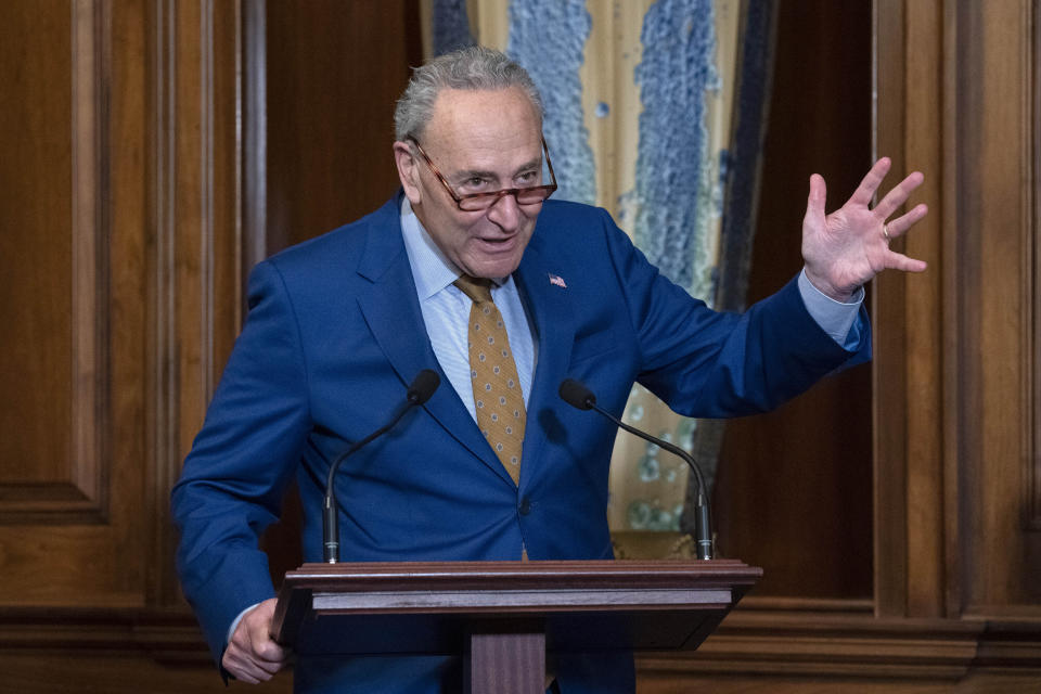 Senate Majority Leader Chuck Schumer, D-N.Y., speaks during the signing ceremony of the COVID-19 Hate Crime Act, on Capitol Hill in Washington, Wednesday, May 19. 2021. (AP Photo/Jose Luis Magana)